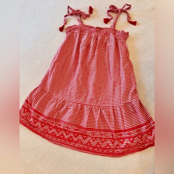 OLD NAVY Smocked Embroidered Tiered Red White Gingham Plaid Mini Dress w Pockets - Picture 5 of 14